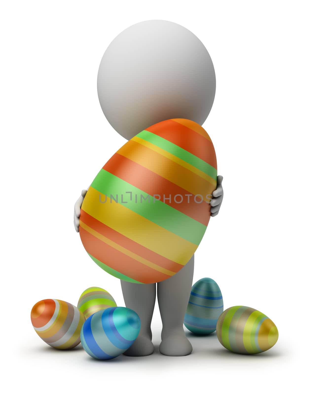 3d small person holds the big Easter egg in a hand. 3d image. Isolated white background.