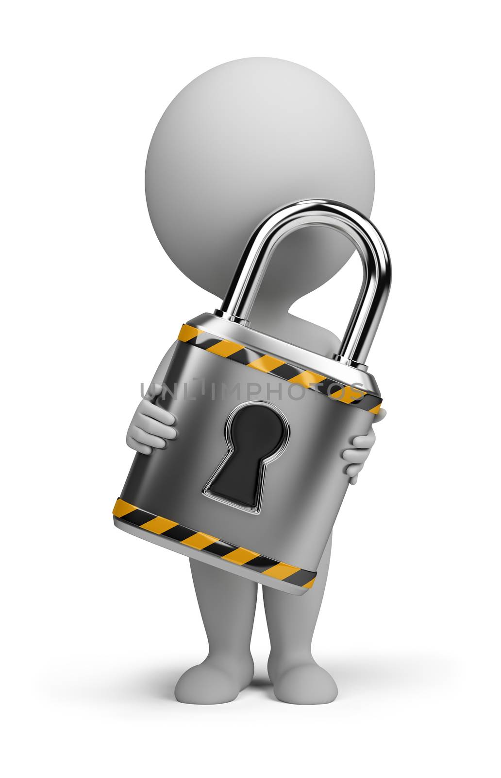 3d small person with a lock in the hands of. 3d image. Isolated white background.