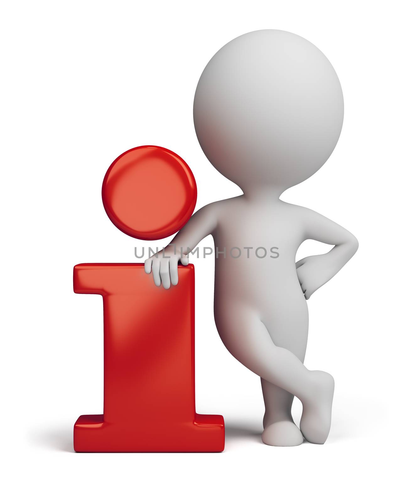 3d small person standing near to an information icon. 3d image. Isolated white background.