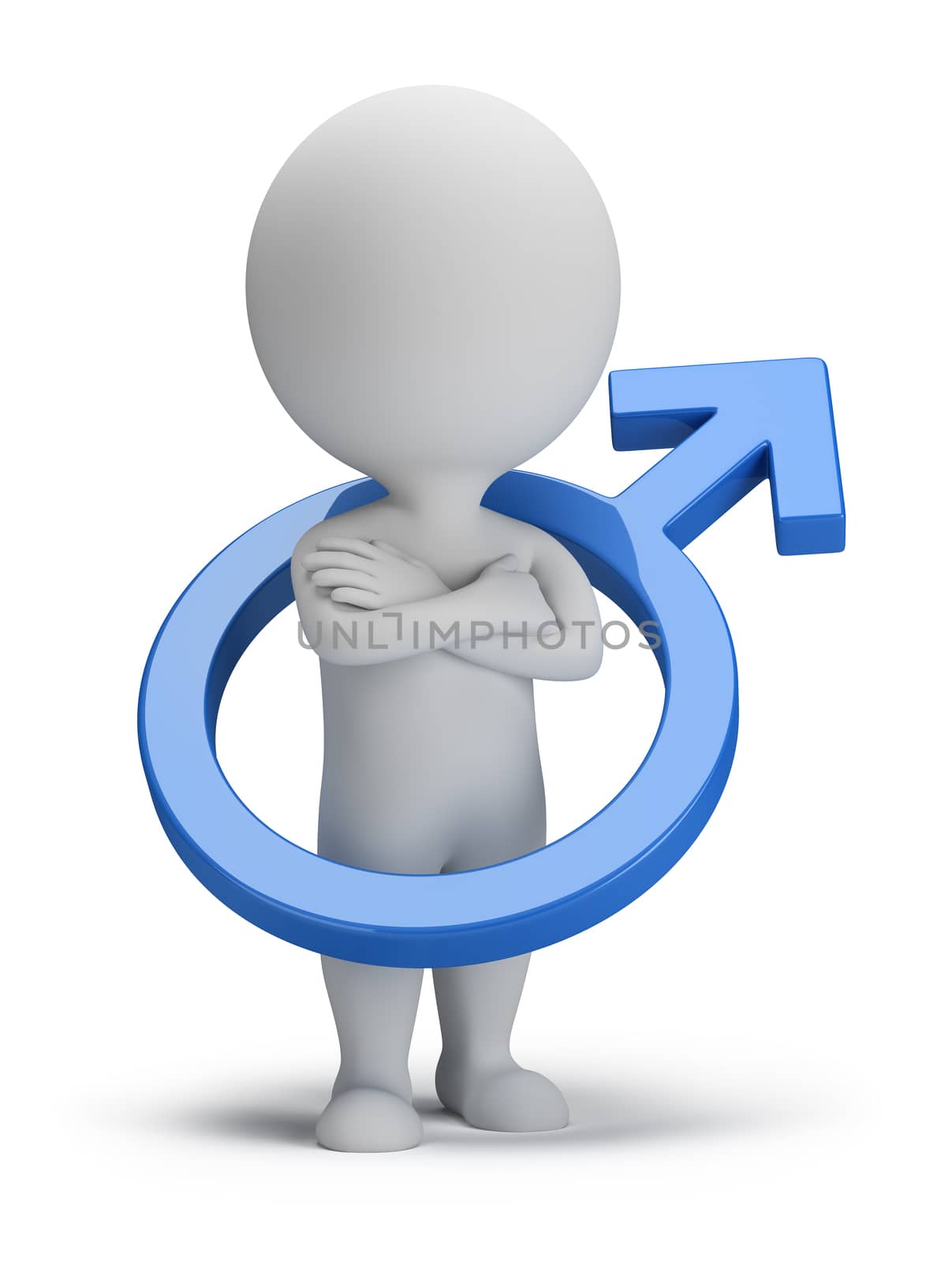 3d small person inside the male symbol. 3d image. Isolated white background.