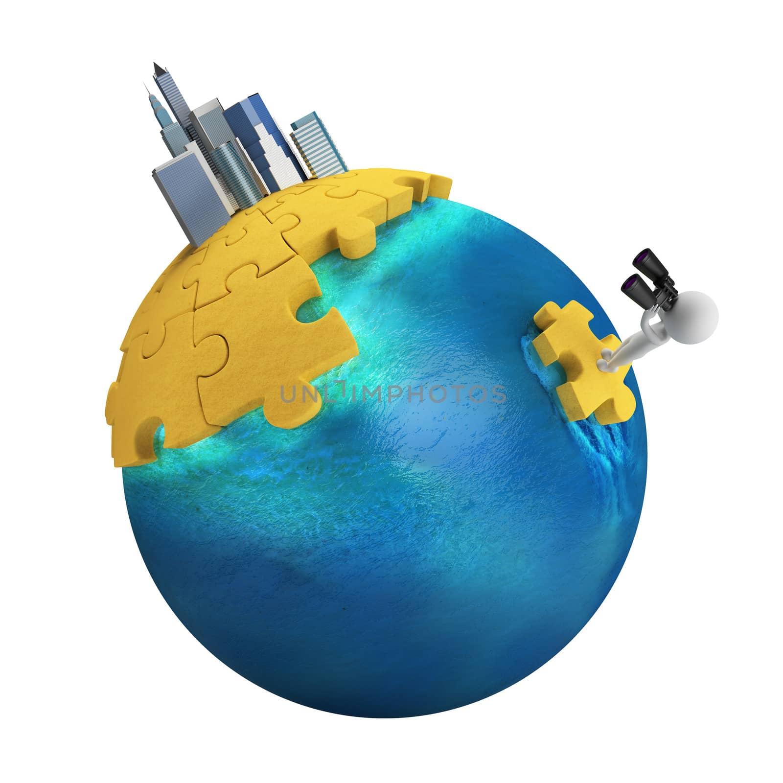 3d small person with binoculars sailing on a puzzle to the island with the town. 3d image. Isolated white background.