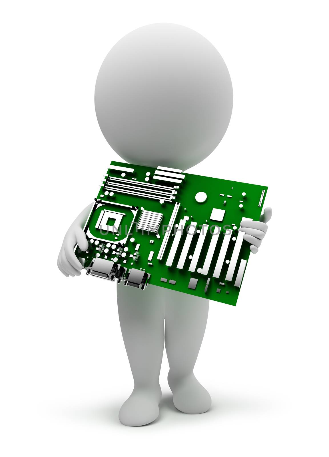 3d small people with a motherboard. 3d image. Isolated white background.