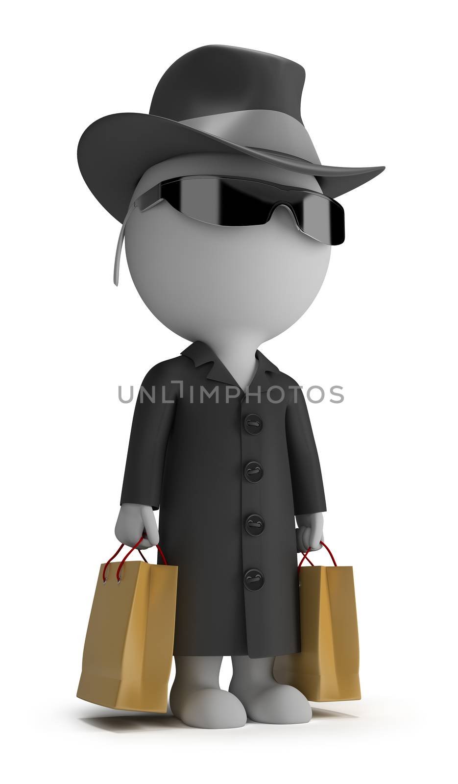 3d small person - mystery shopper in a black coat, sunglasses, hat, and with packages. 3d image. Isolated white background.