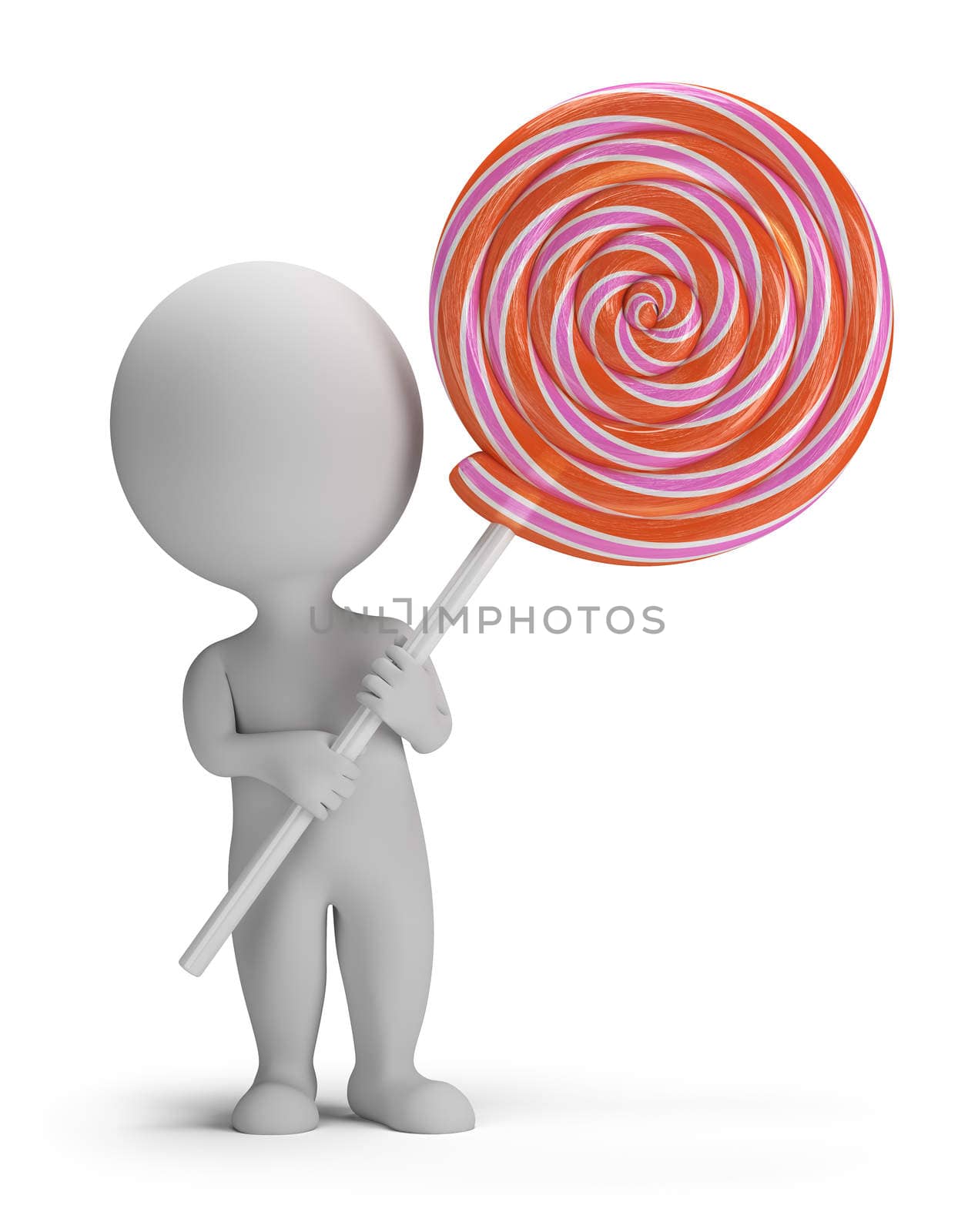 3d small person holding a big lollipop. 3d image. Isolated white background.