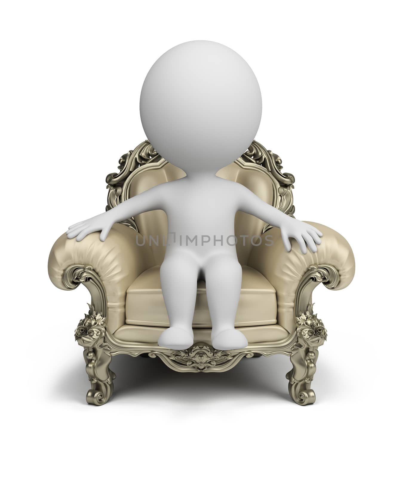 3d small person sitting in a luxurious armchair. 3d image. Isolated white background.