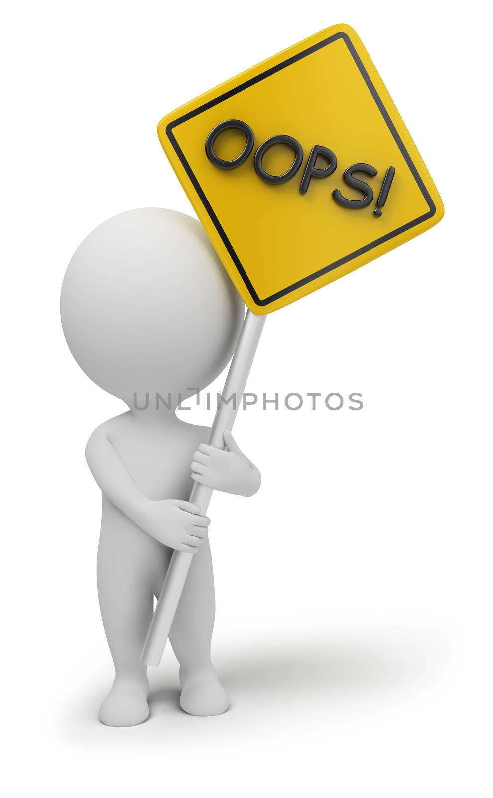 3d small people with a "oops" sign in hands. 3d image. Isolated white background.