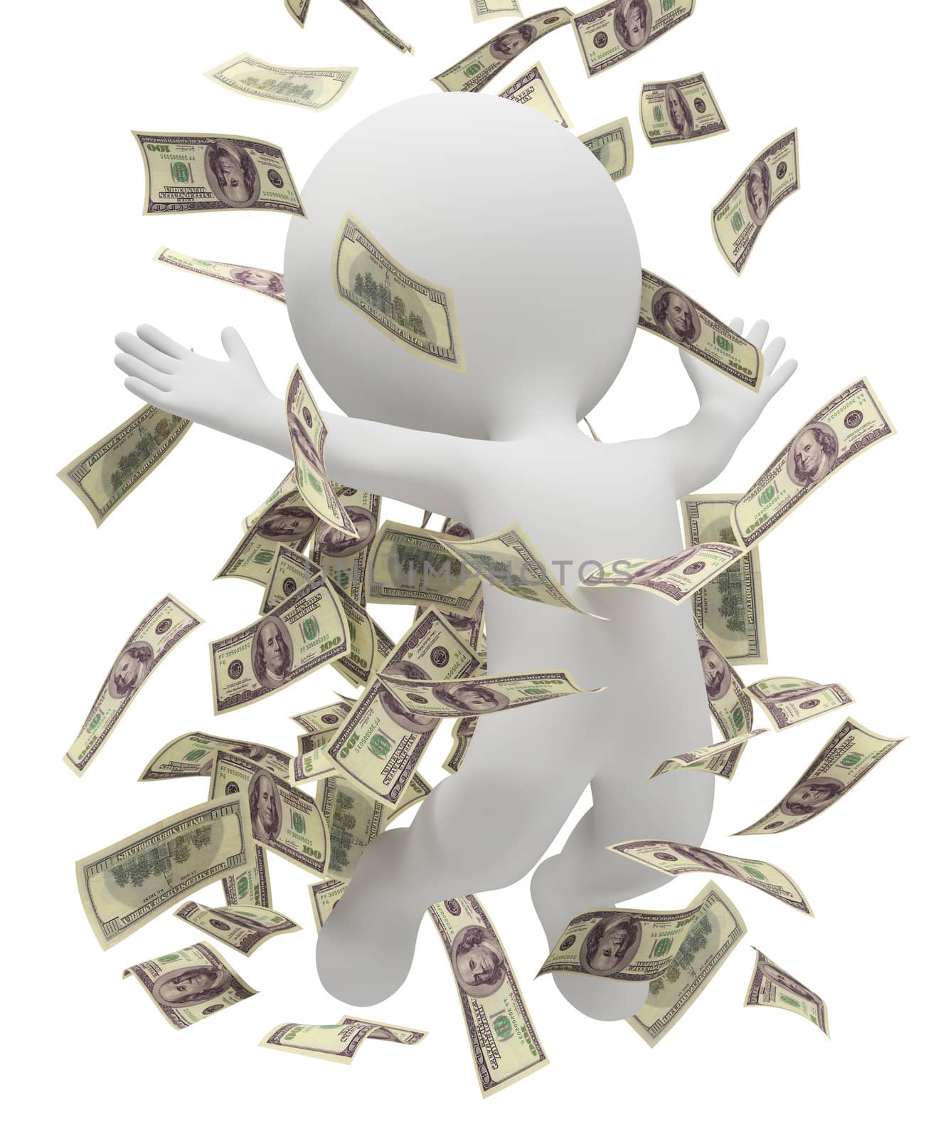 3d small people bathing in a heap of money. 3d image. Isolated white background.