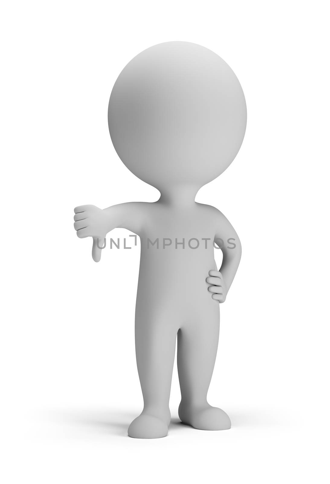 3d small person - thumb pointing down. 3d image. Isolated white background.