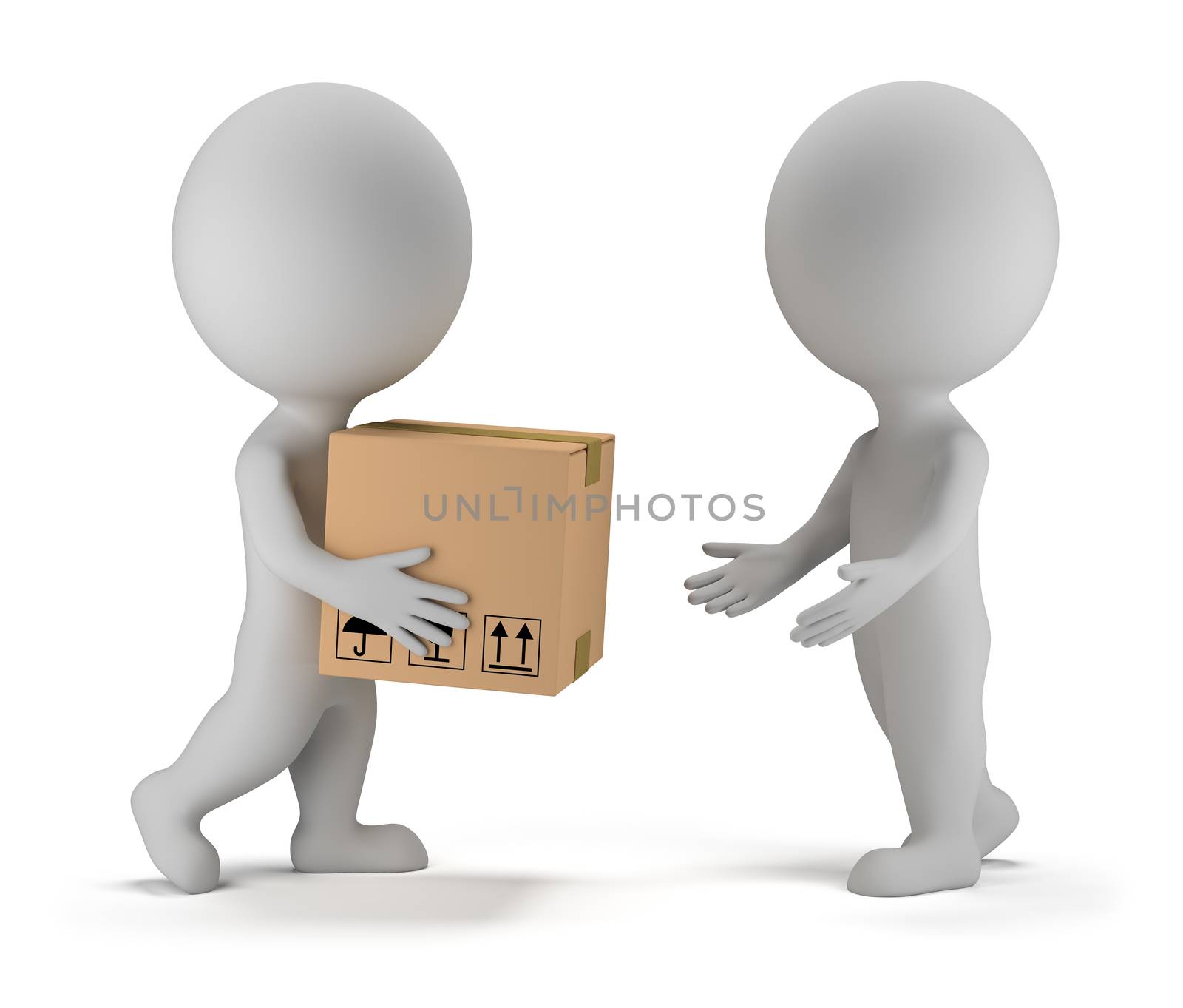 3d small people deliver a parcel to another person. 3d image. Isolated white background.