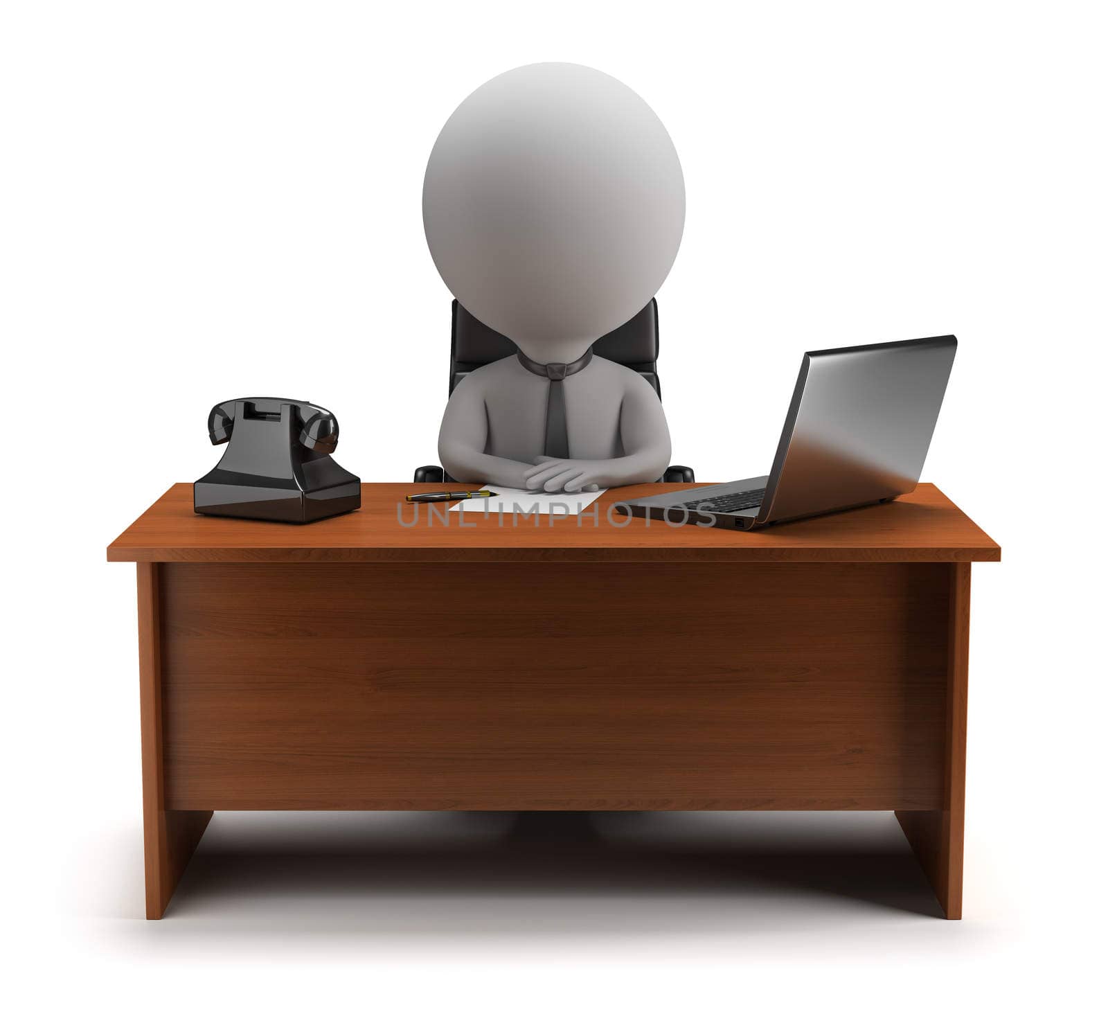 3d small person - manager sits at a desk with a laptop and phone. 3d image. Isolated white background.