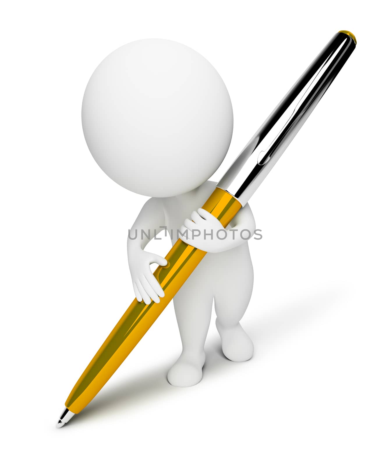 3d small people writes the pen. 3d image. Isolated white background.