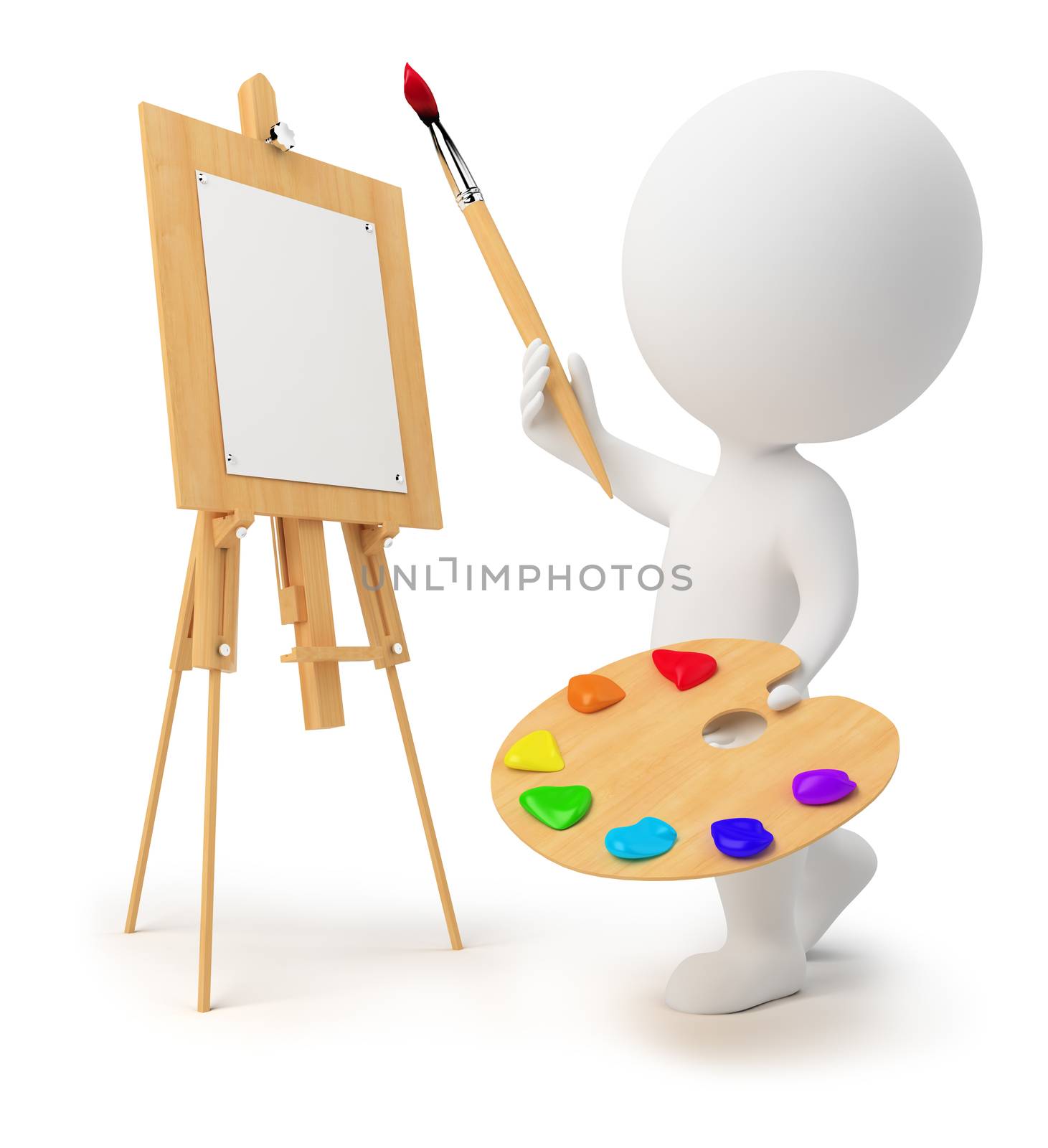 3d drawing small people with an easel, paints and a brush. 3d image. Isolated white background.