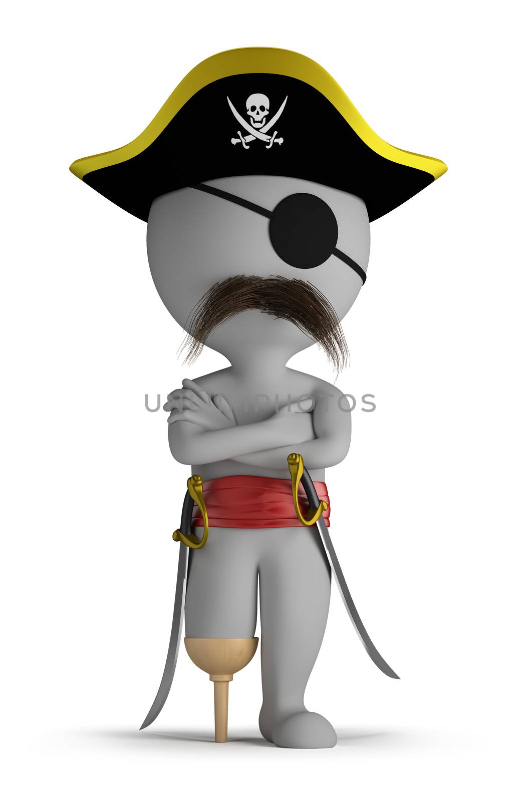 3d small person - one-legged pirate hat, and with swords. 3d image. Isolated white background.