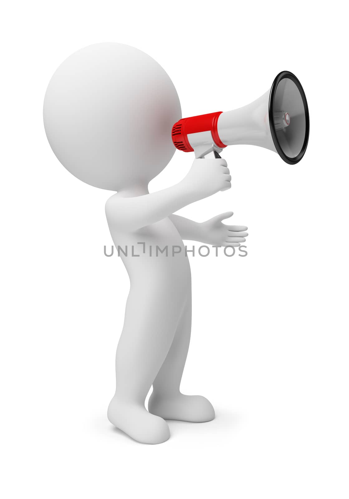 3d small people with a megaphone in a hand. 3d image. Isolated white background.