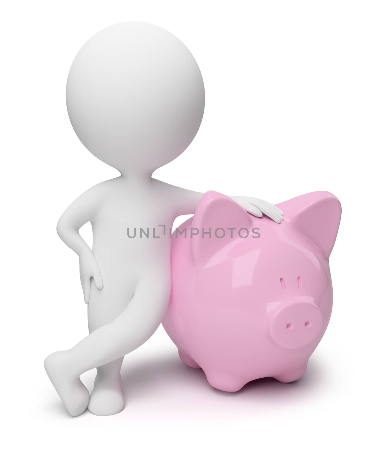 3d small people with a coin box in the form of a pig. 3d image. Isolated white background.