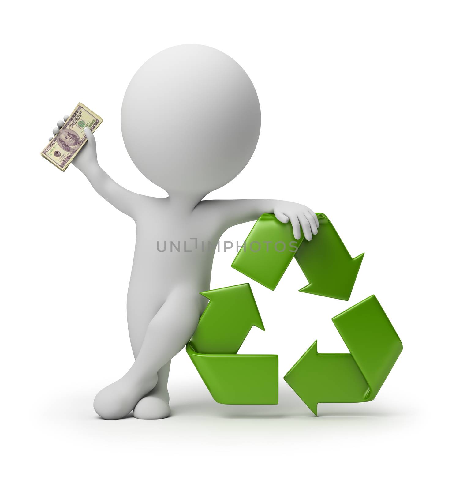 3d small person with a recycling symbol and money in hands. 3d image. Isolated white background.