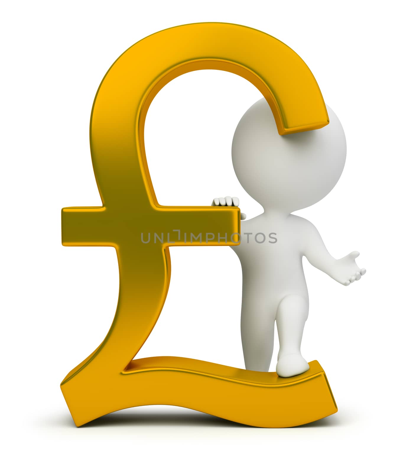 3d small people with a gold pound sign. 3d image. Isolated white background.