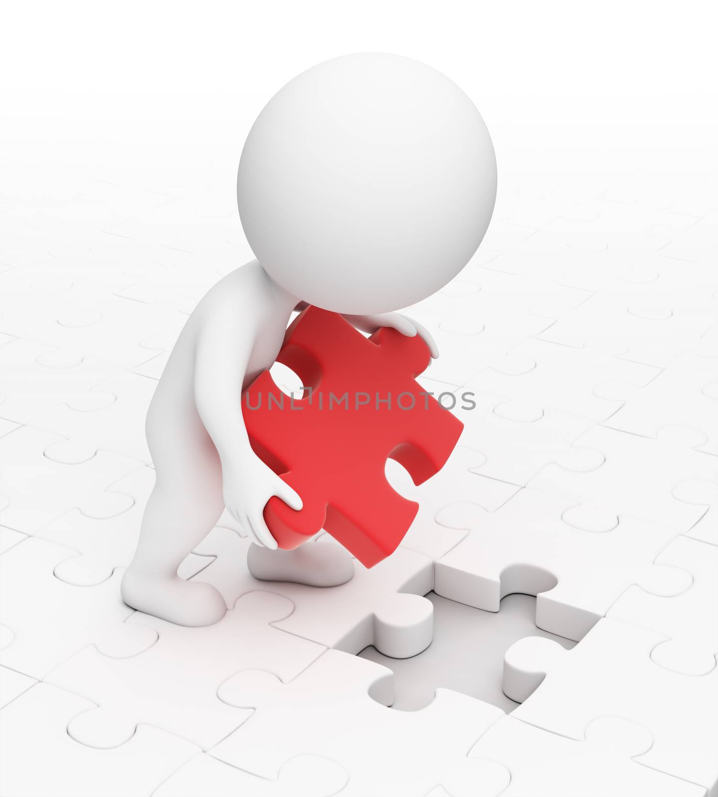 3d small people puts a missing puzzle in a cell. 3d image. Isolated white background.