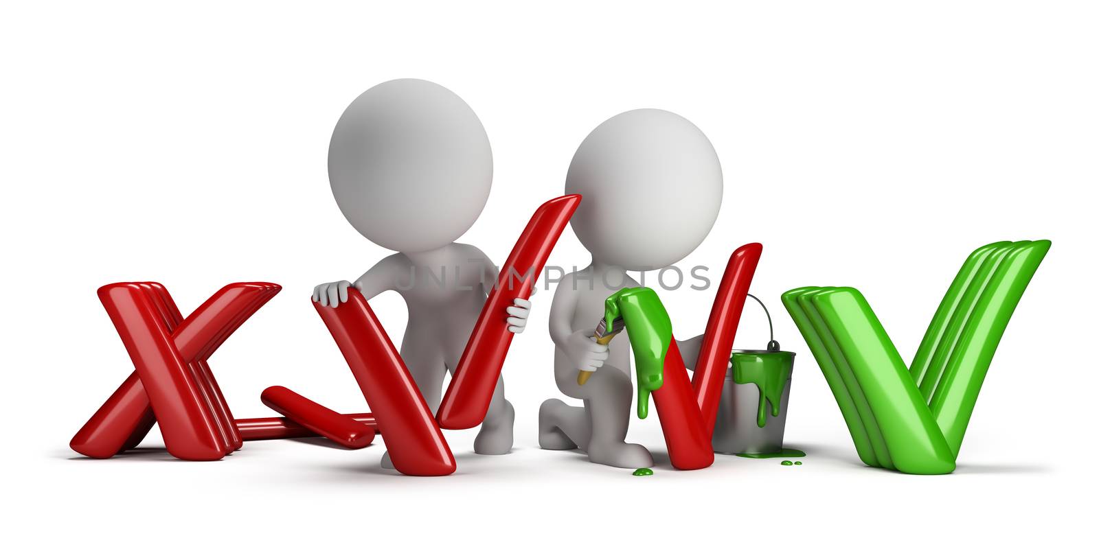 3d small people modify the negative signs in the positive. 3d image. Isolated white background.