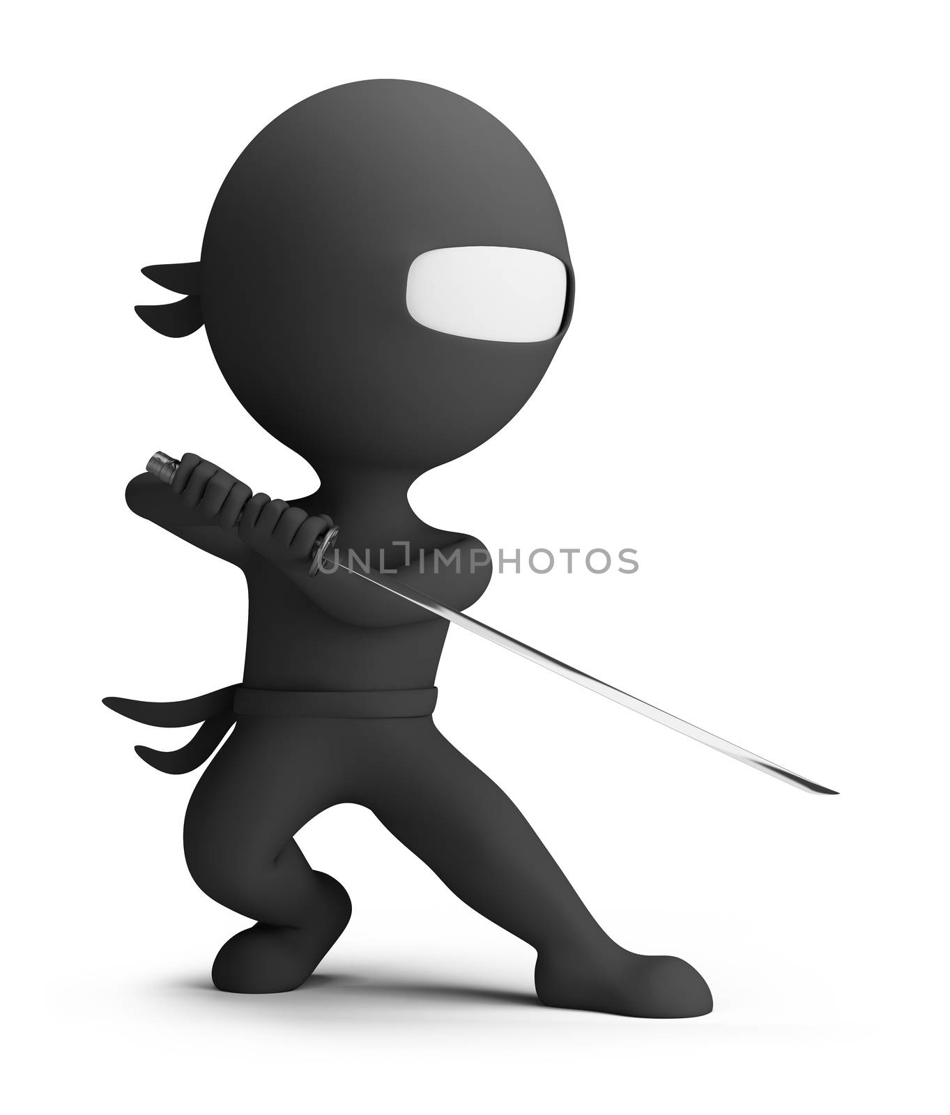 3d small person - ninja with sword in hand, wearing a black suit and combat posture. 3d image. Isolated white background.
