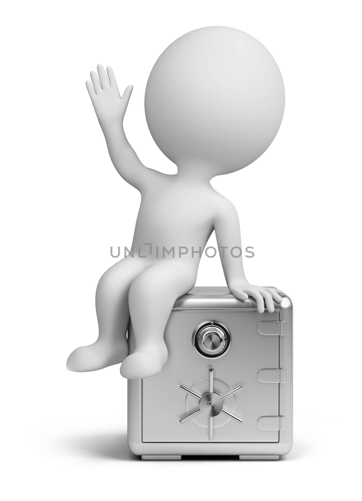 3d small person sitting on the steel safe. 3d image. Isolated white background.