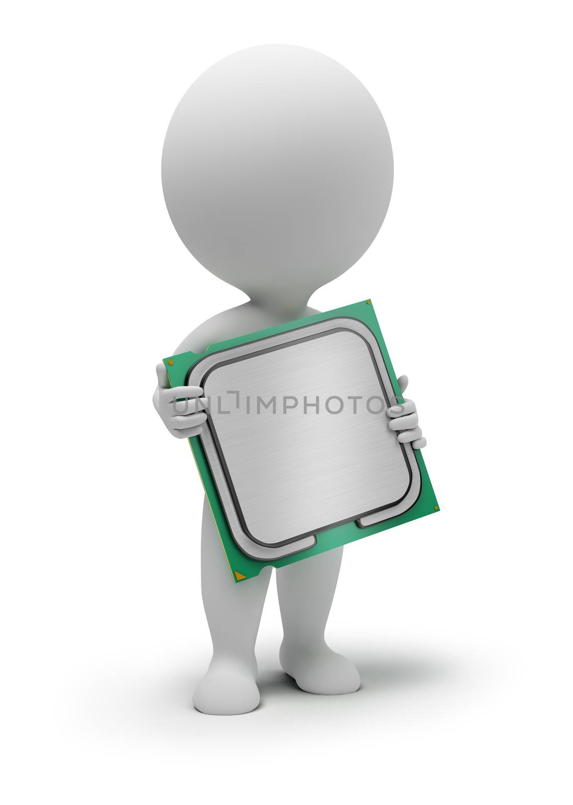 3d small people with the processor in hands. 3d image. Isolated white background.