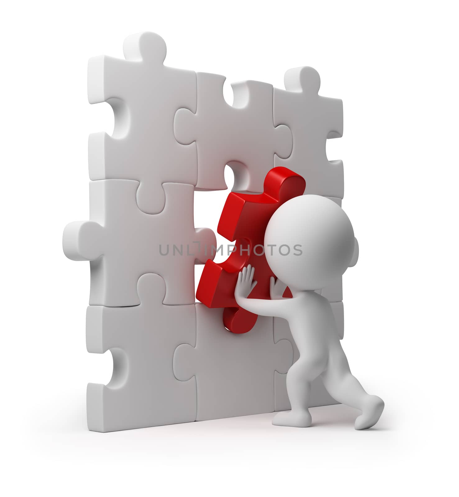 3d small person inserting last part of a puzzle. 3d image. Isolated white background.