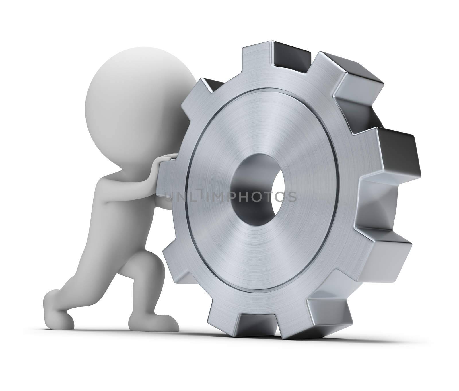3d small person rolls a large gear. 3d image. Isolated white background.