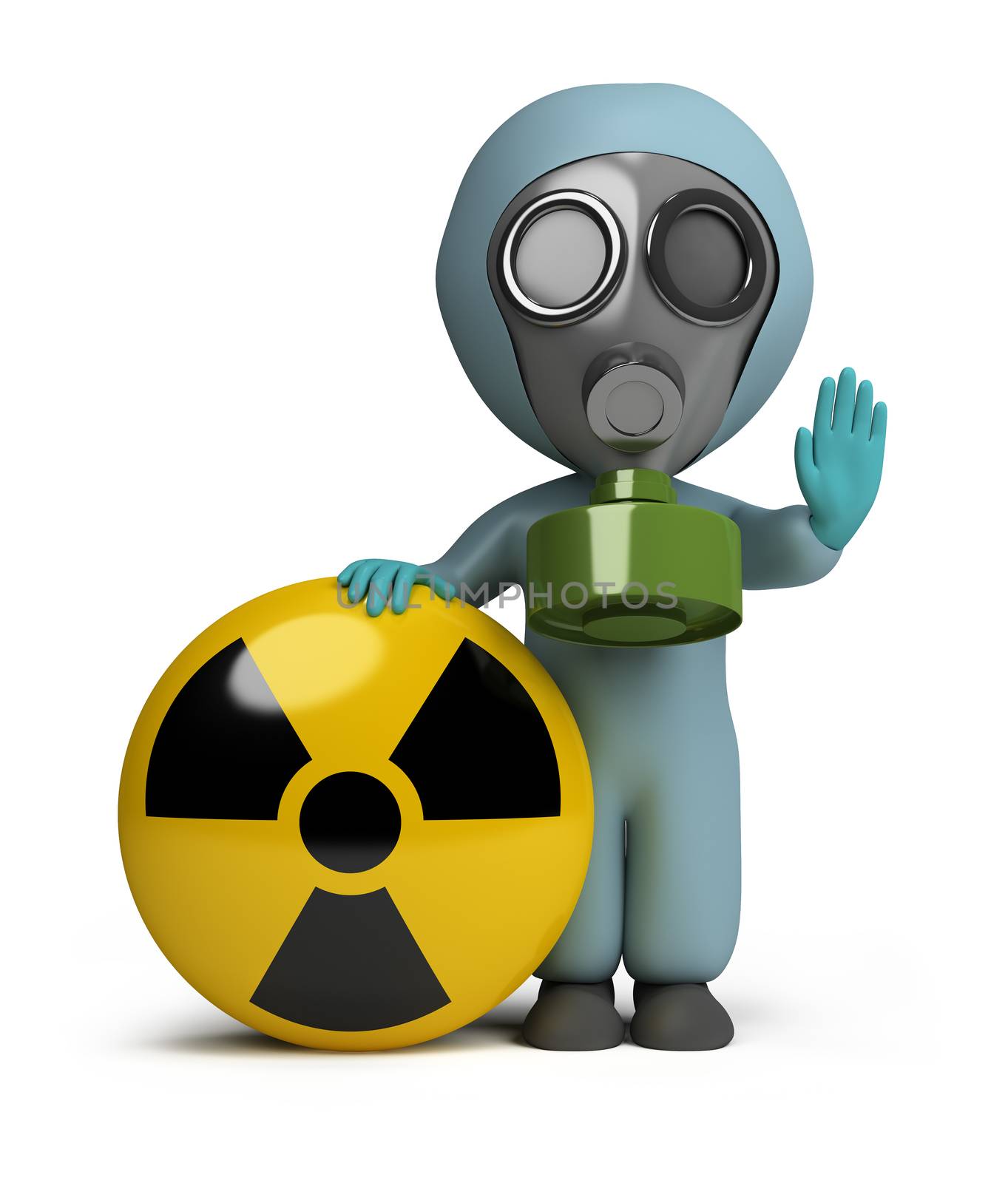 3d small person in a gas mask next to the sign of radiation. 3d image. Isolated white background.