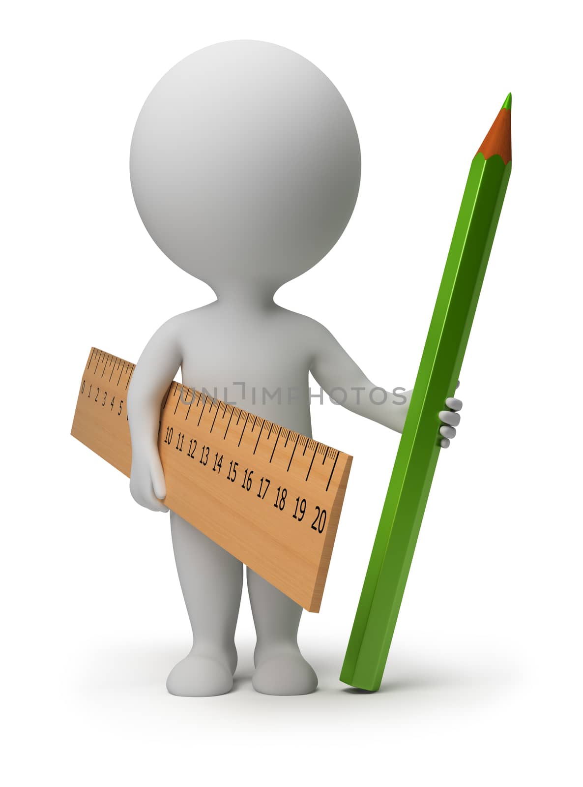 3d small person with a ruler and a green pencil. 3d image. Isolated white background.
