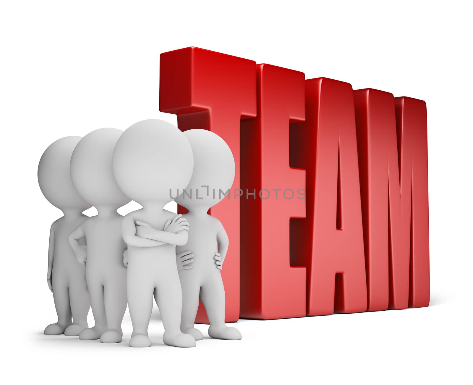 Group of 3d small people standing next to the word team. 3d image. White background.