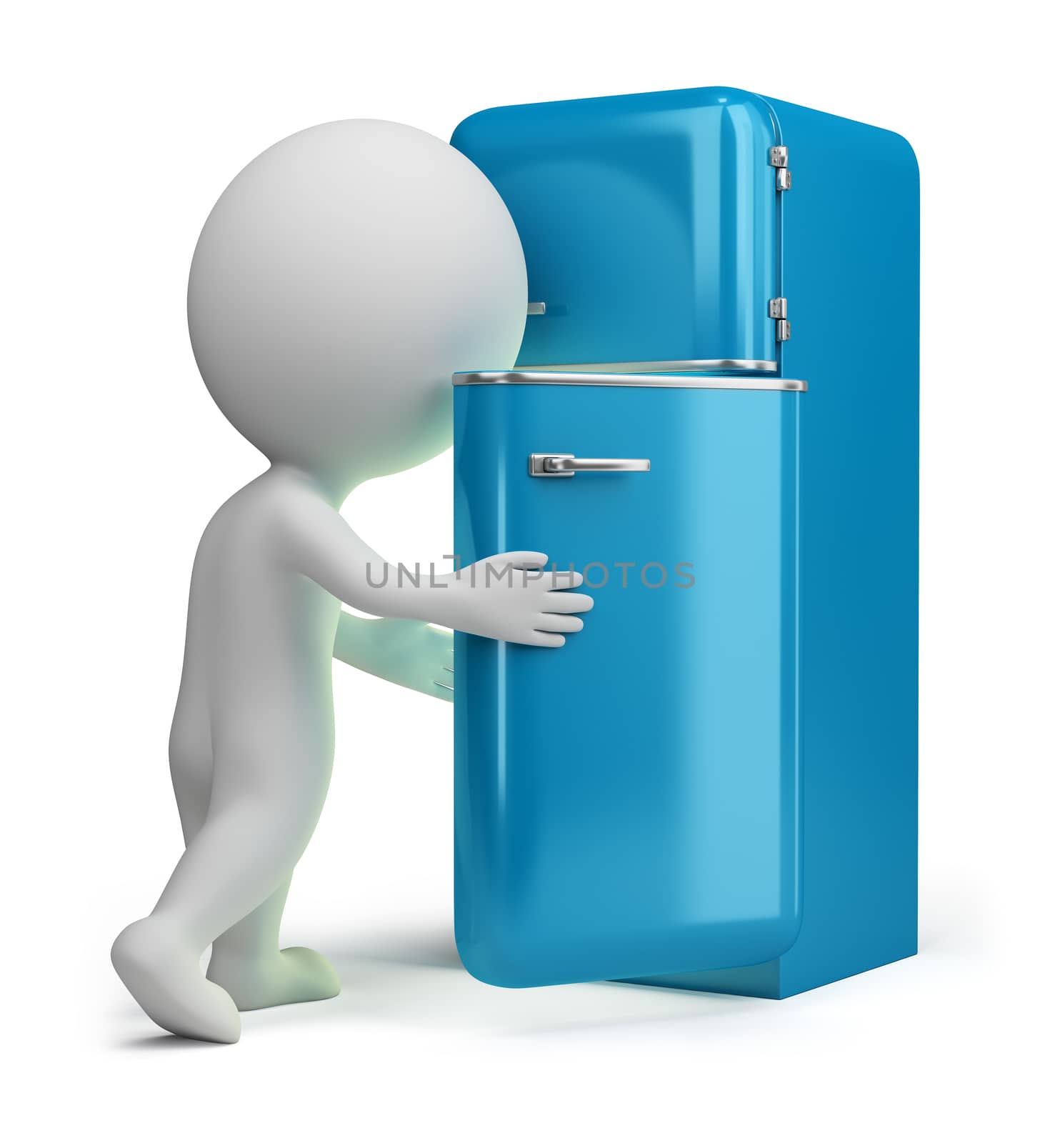 3d small person looking inside a vintage fridge. 3d image. Isolated white background.