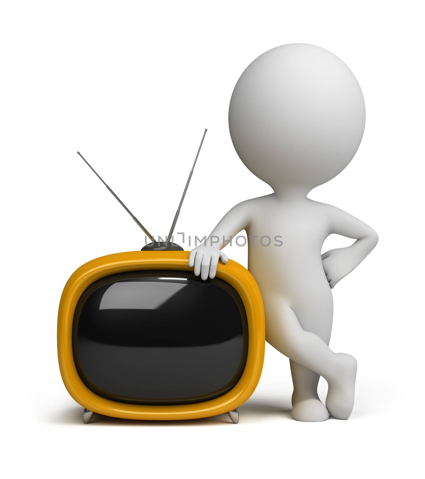 3d small person standing next to a yellow retro TV. 3d image. Isolated white background.