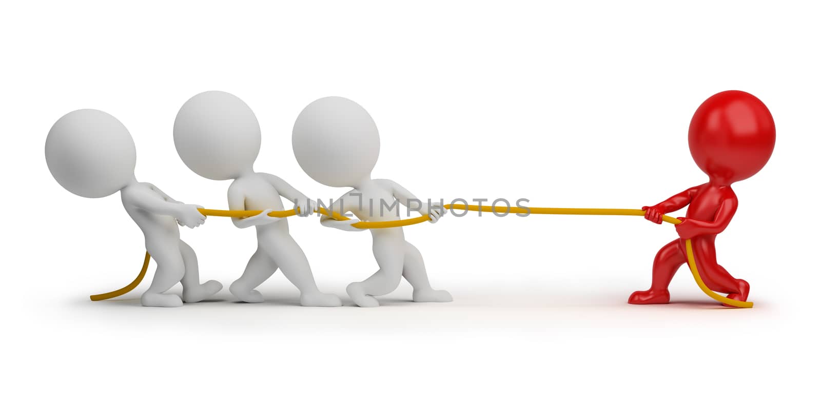 3d small people - rope pulling. 3d image. Isolated white background. Clipping path included.
