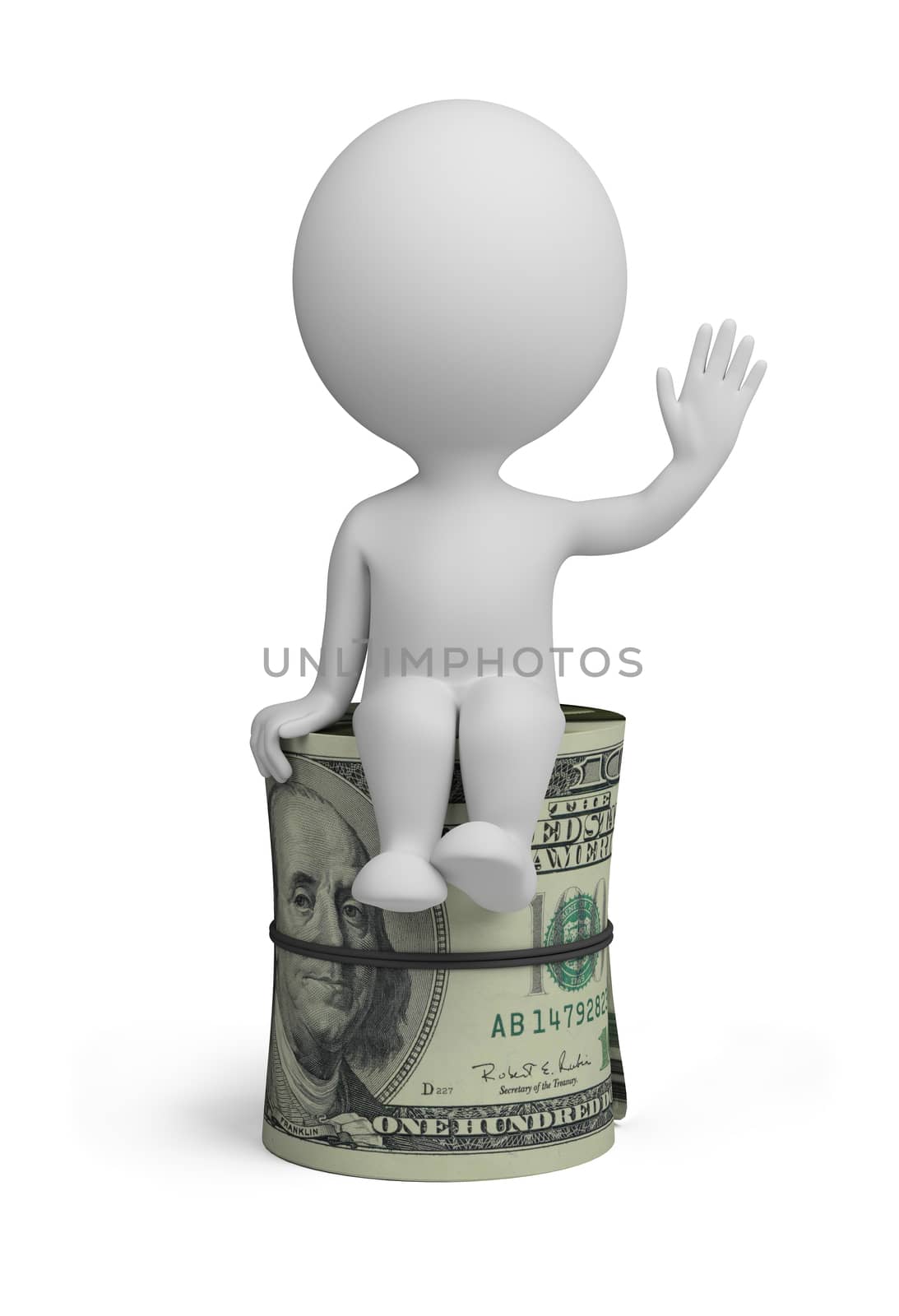 3d small person sitting on a roll of dollars. 3d image. Isolated white background.
