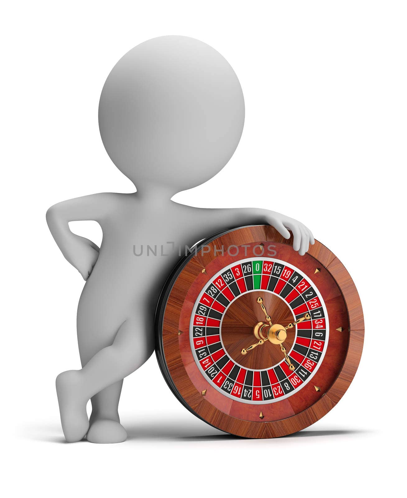 3d small person standing next to a roulette. 3d image. Isolated white background.