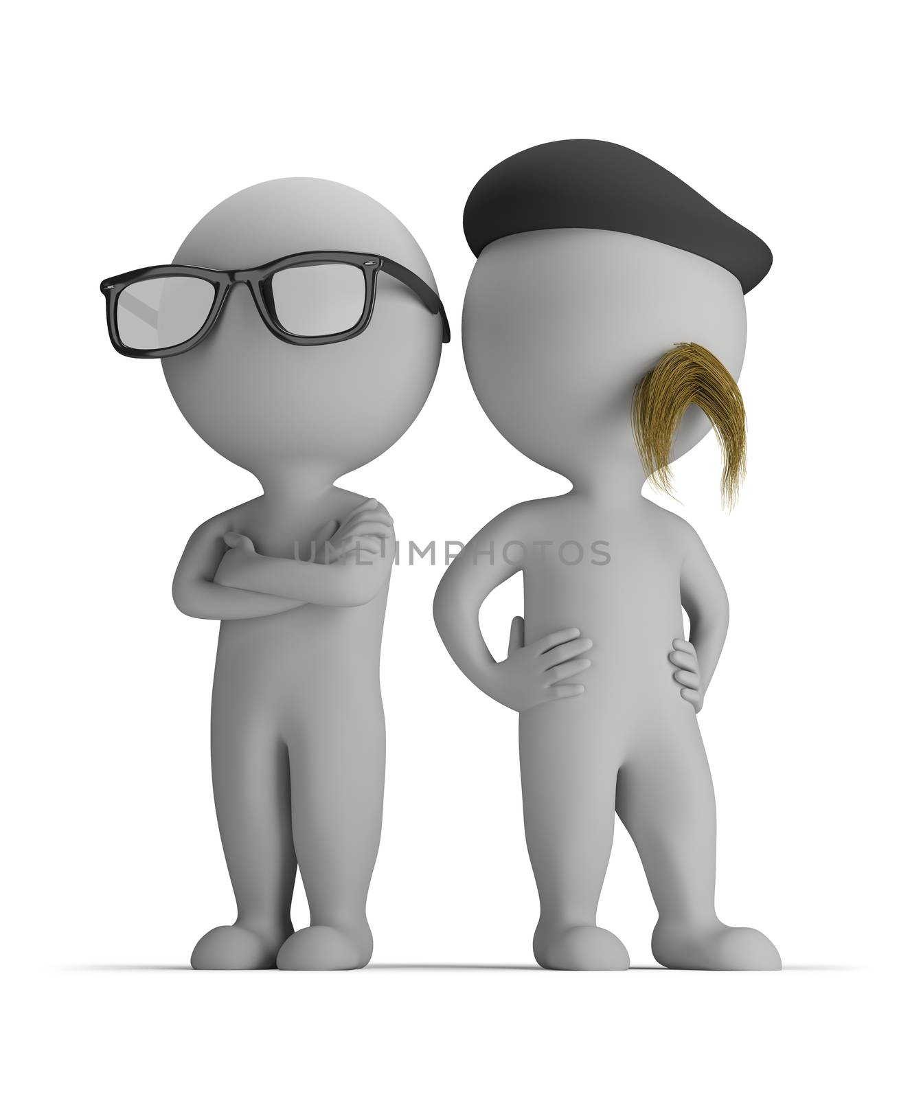 3d small person - two professionals standing back to back. 3d image. Isolated white background.