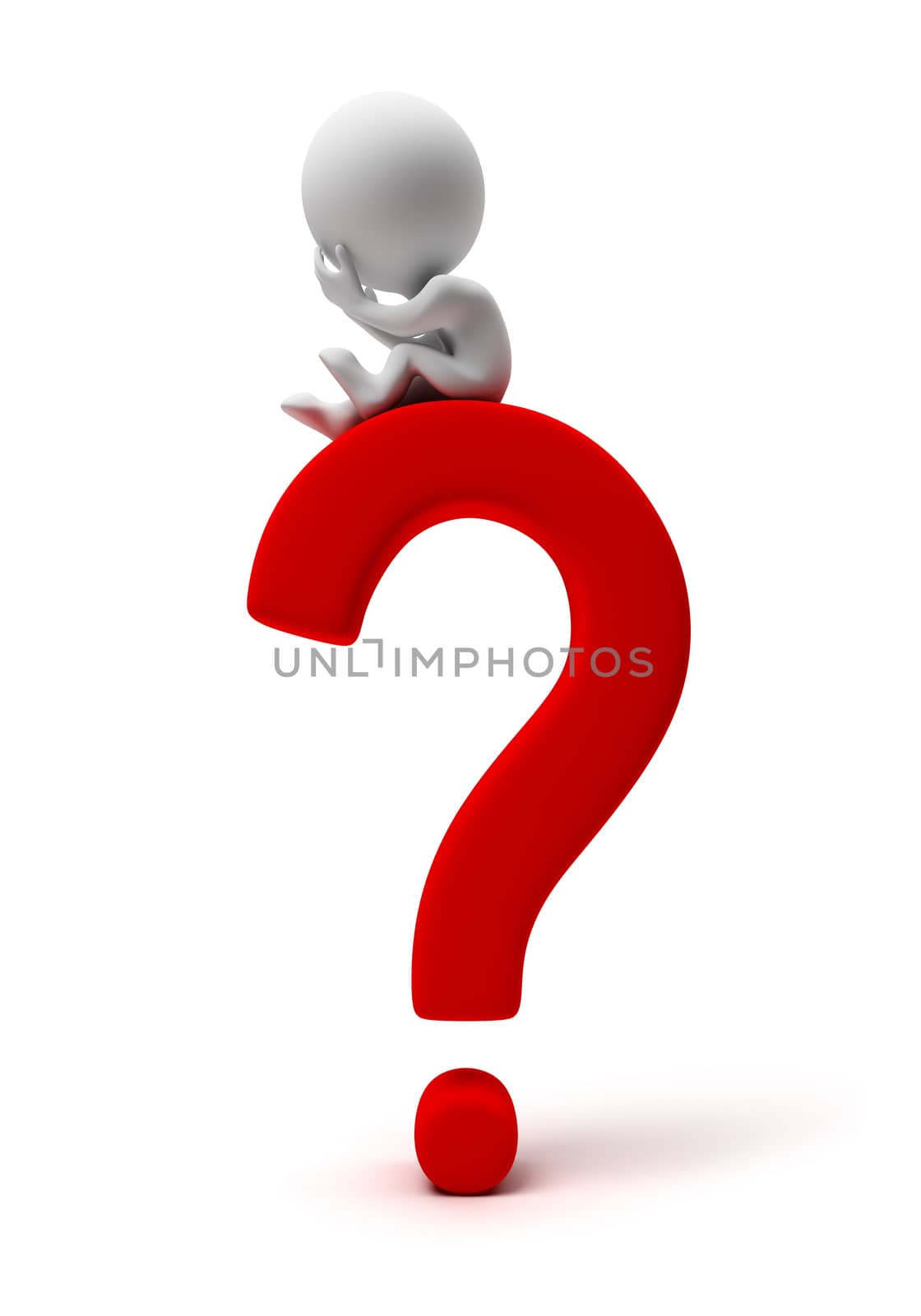 3d small people sitting on a question. 3d image. Isolated white background.