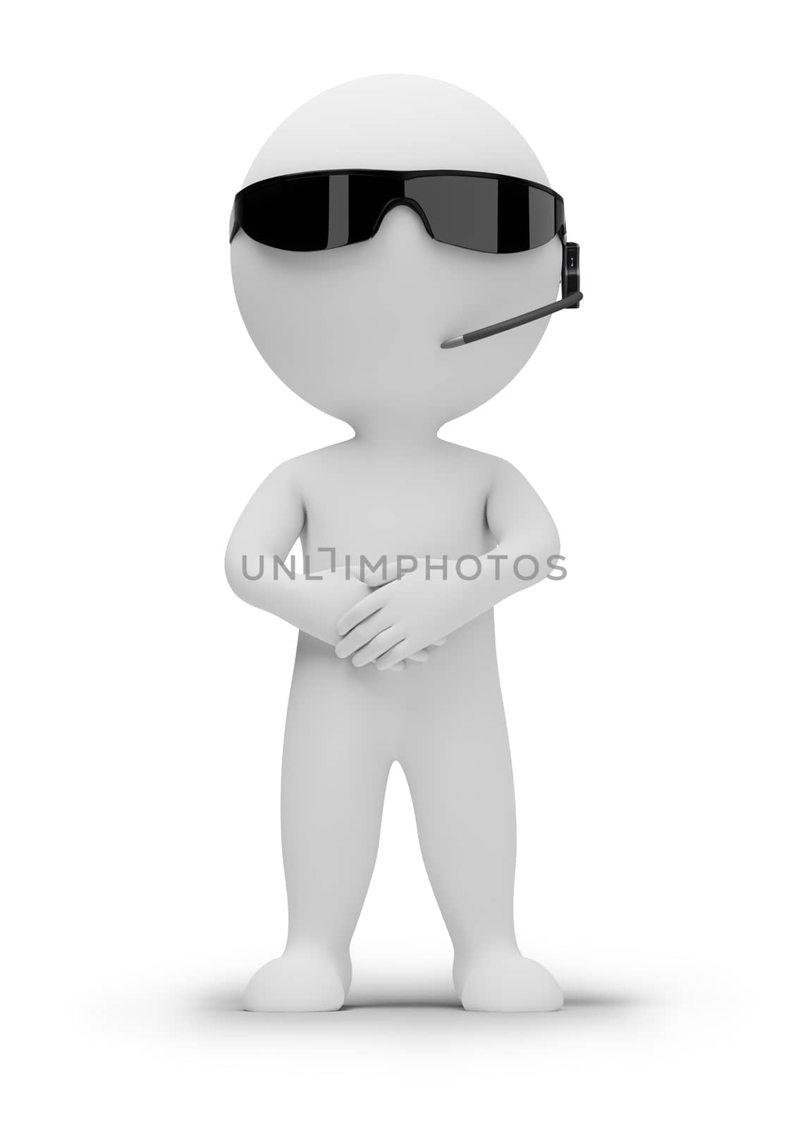 3d small people - security guard in dark glasses. 3d image. Isolated white background.