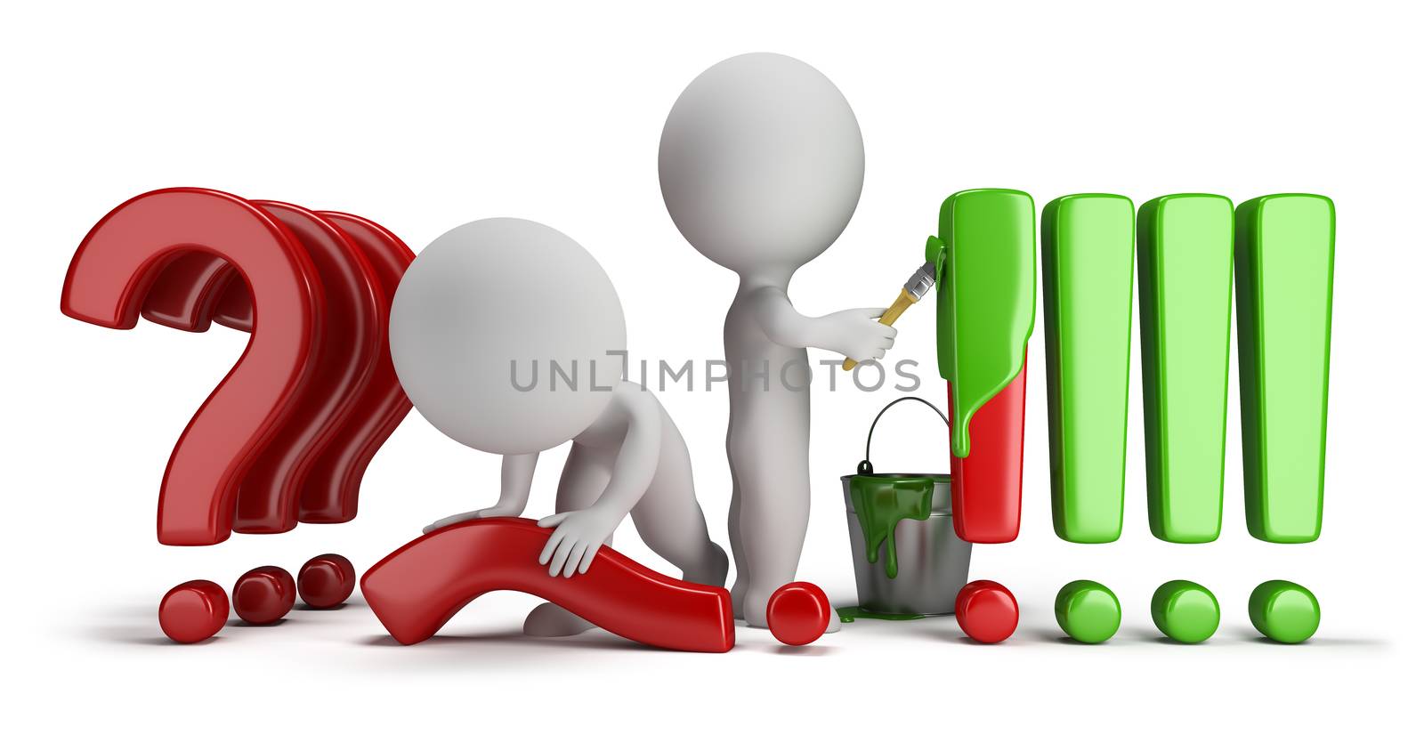 3d small people straighten question marks and exclamation marks painted. 3d image. Isolated white background.