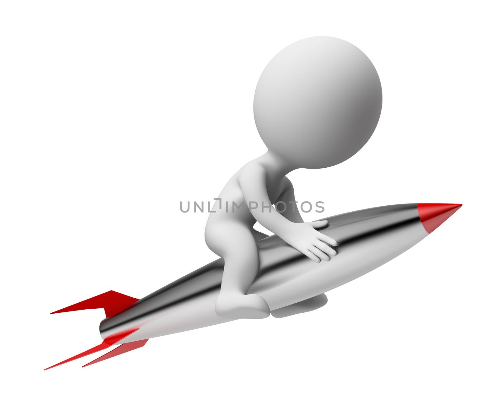 3d small people flying on the rocket. 3d image. Isolated white background.