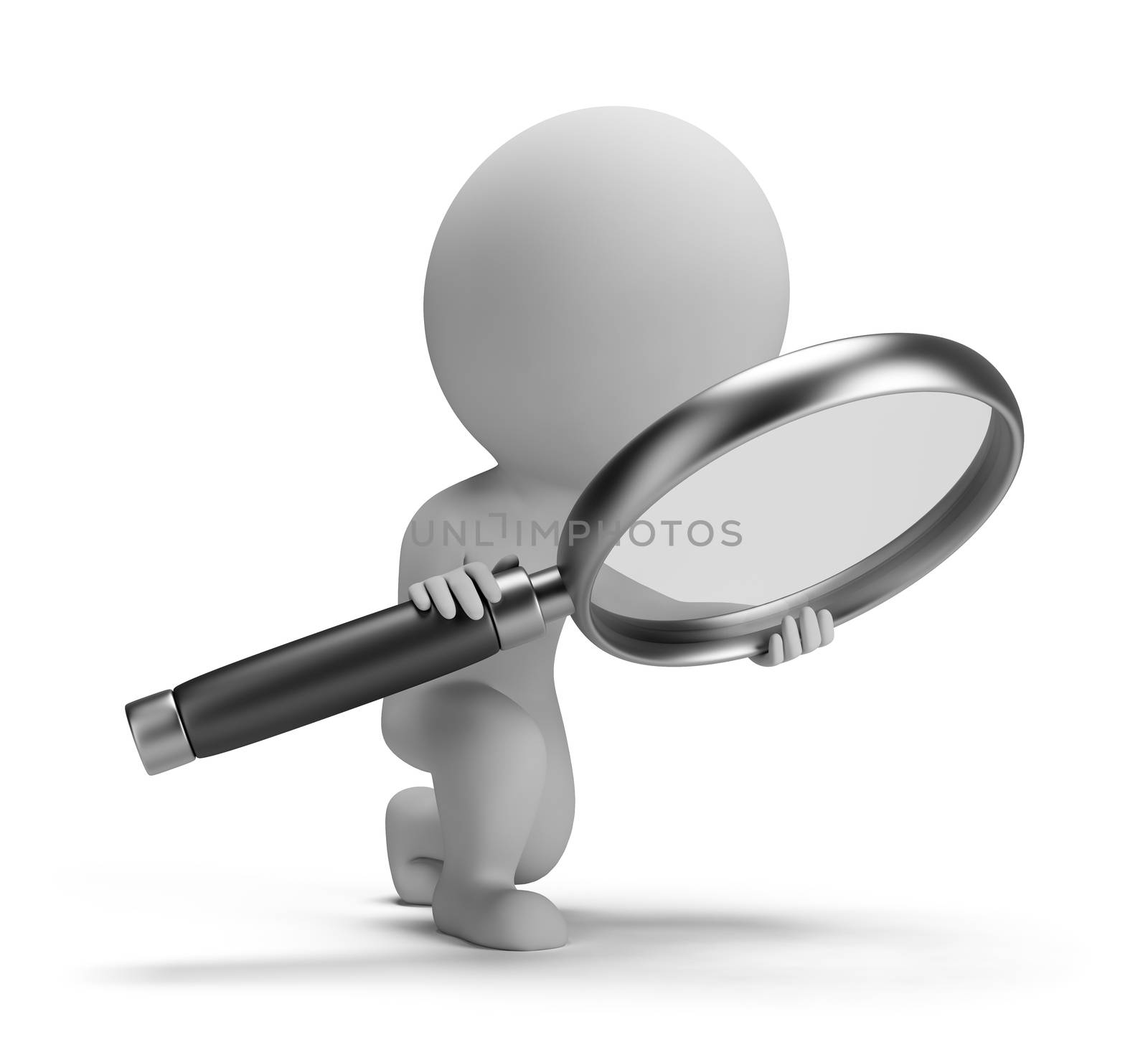 3d small person with a big magnifying glass. 3d image. Isolated white background.