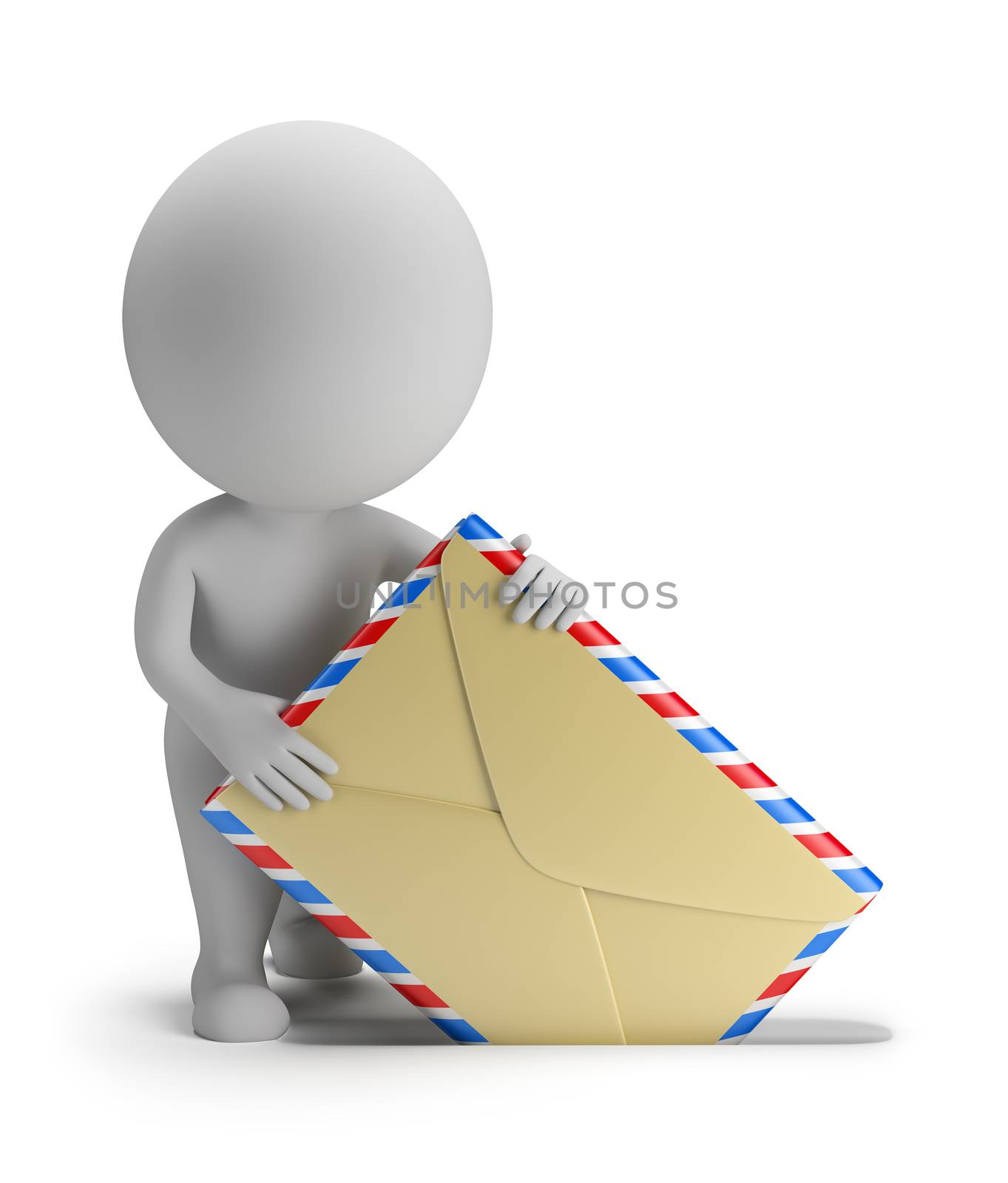 3d small person sends letter. 3d image. Isolated white background.