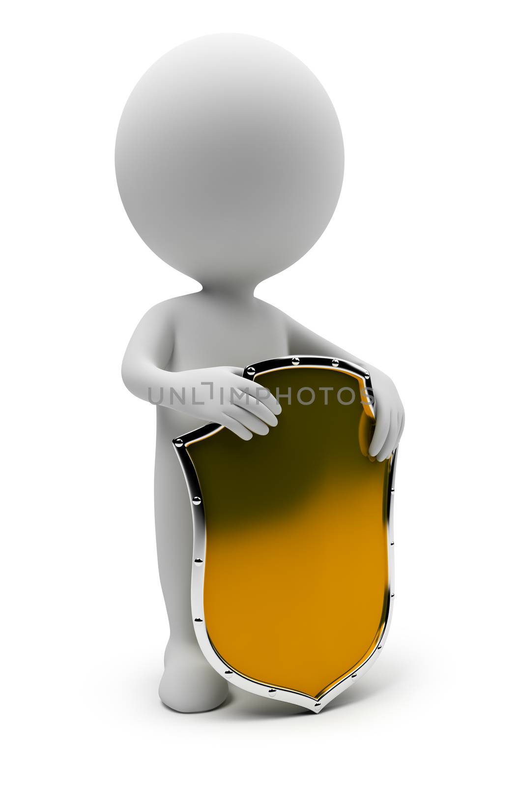3d small people with a gold shield. 3d image. Isolated white background.