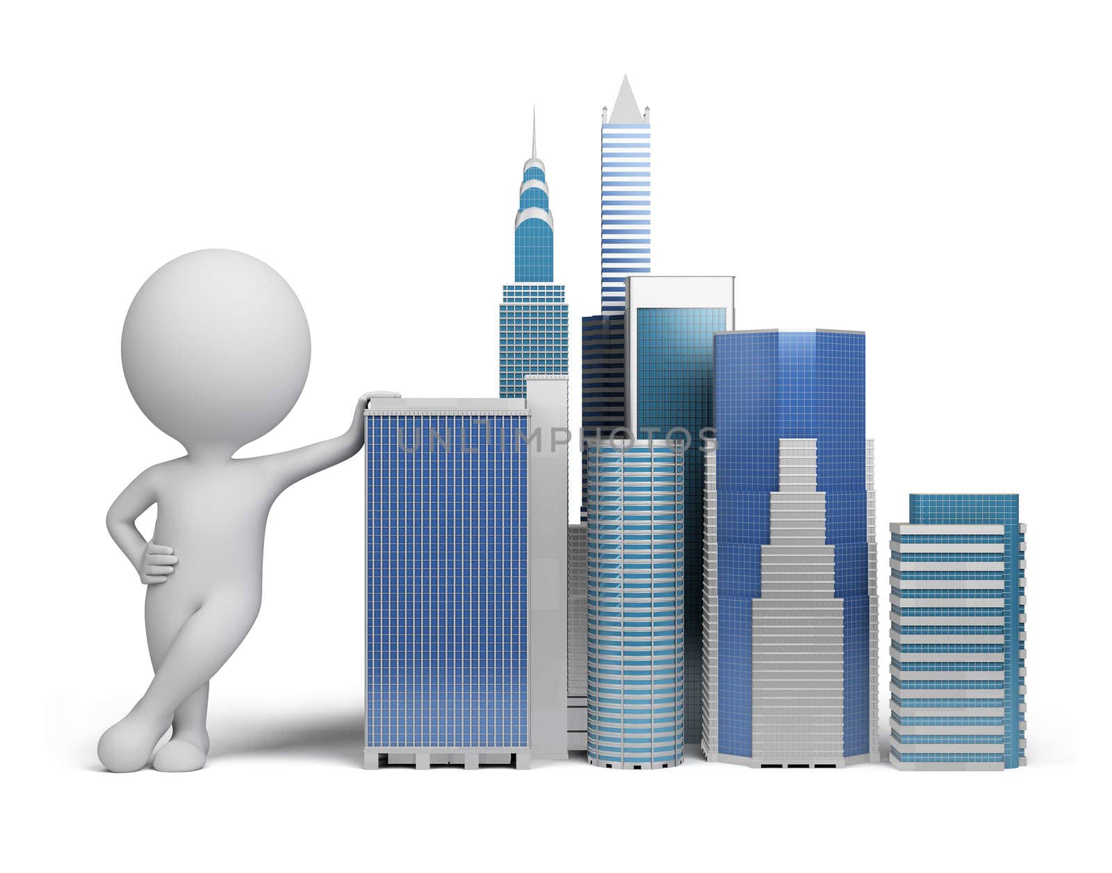 3d small person standing next to skyscrapers. 3d image. Isolated white background.