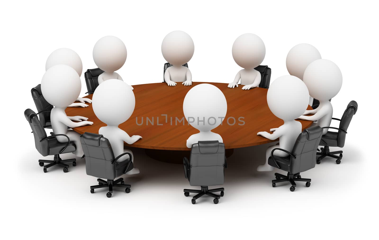 3d small people - session behind a round table. 3d image. Isolated white background.