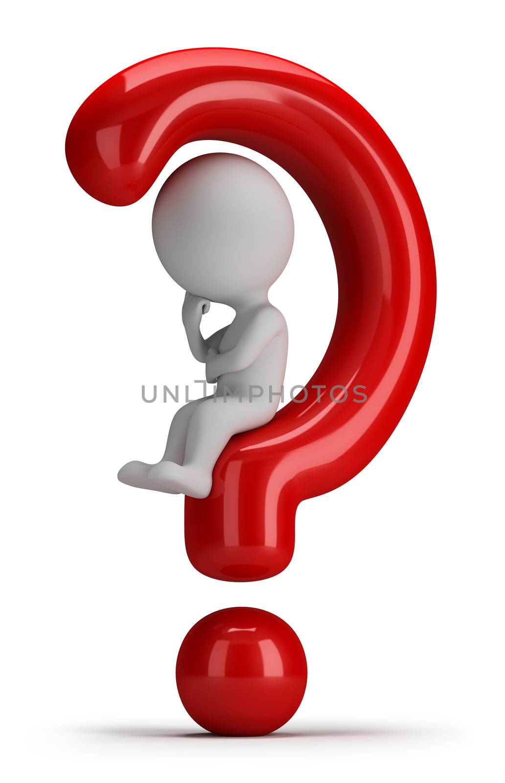 3d small person sitting in a meditative pose on a question mark. 3d image. Isolated white background.