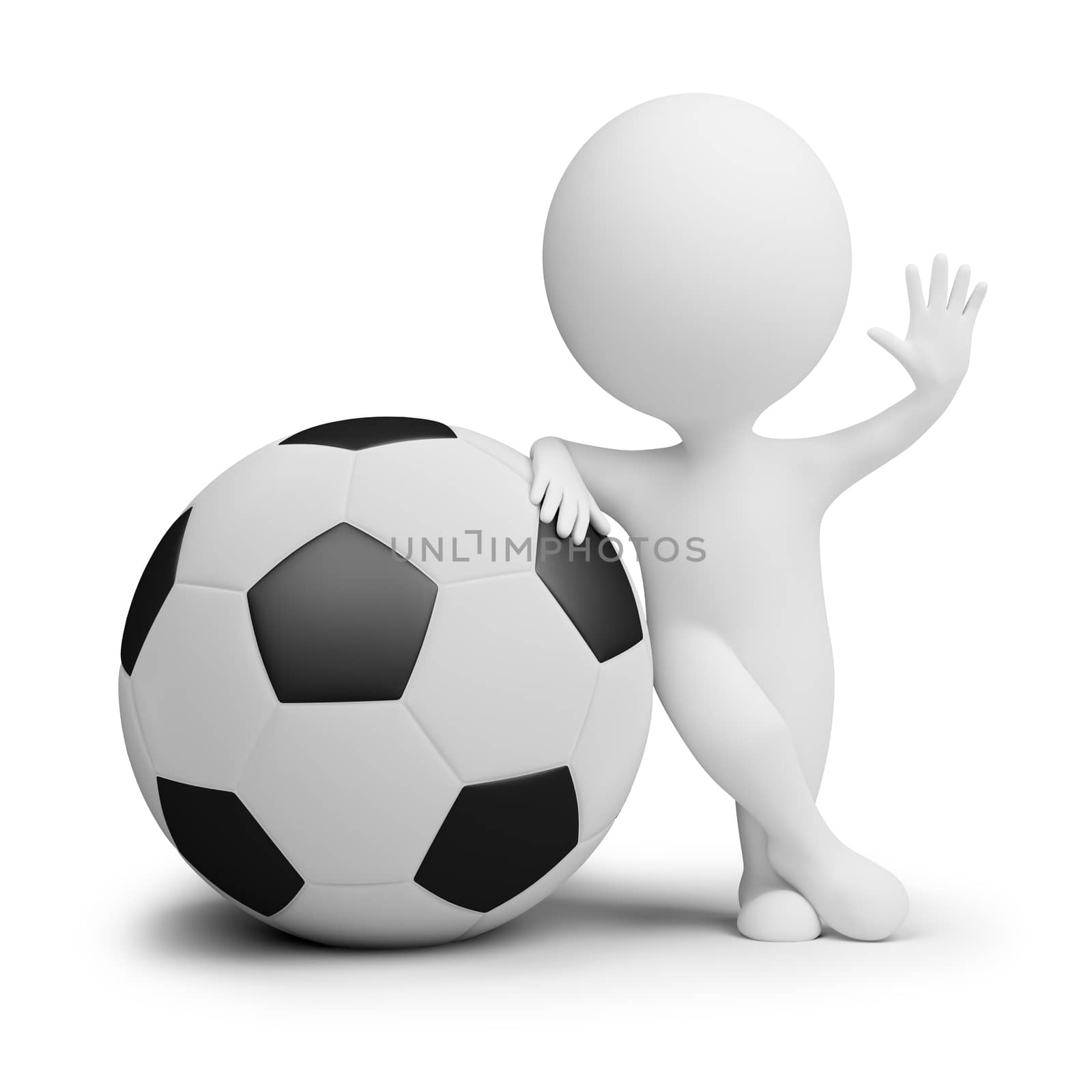 3d small people - soccer player with the big ball in a welcoming pose. 3d image. Isolated white background.
