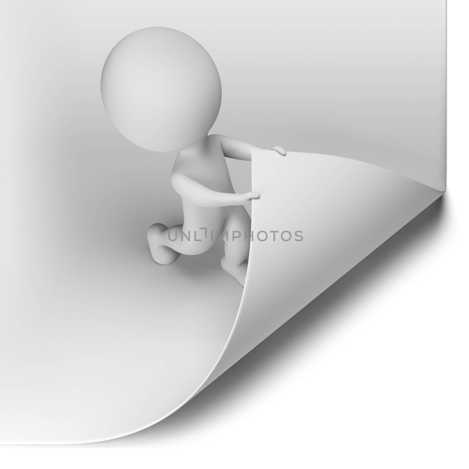 3d small person - scroll the large page. 3d image. Isolated white background.