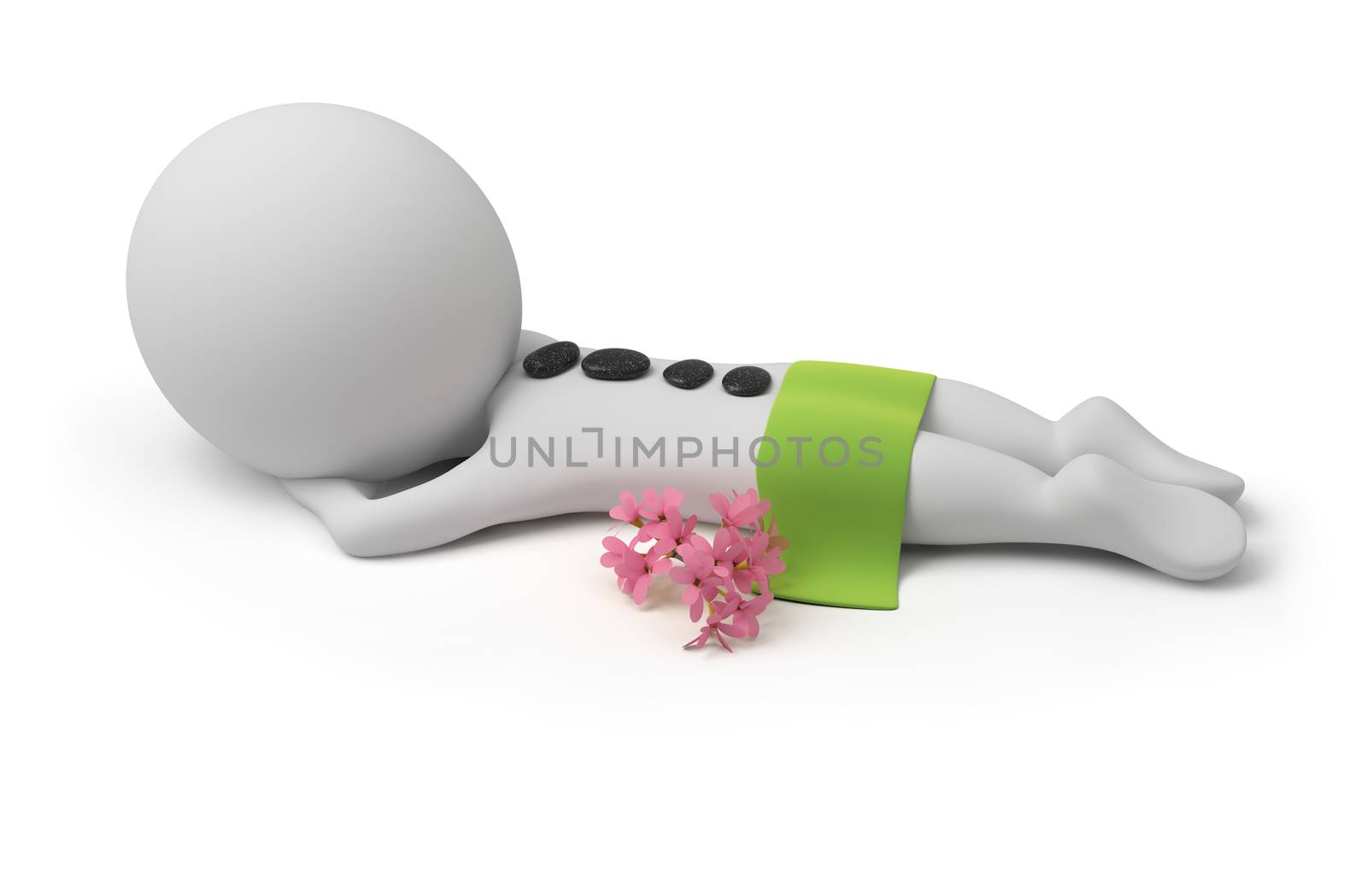 3d small person lying on spa to procedure with stones on a back, a towel and flowers. 3d image. Isolated white background.